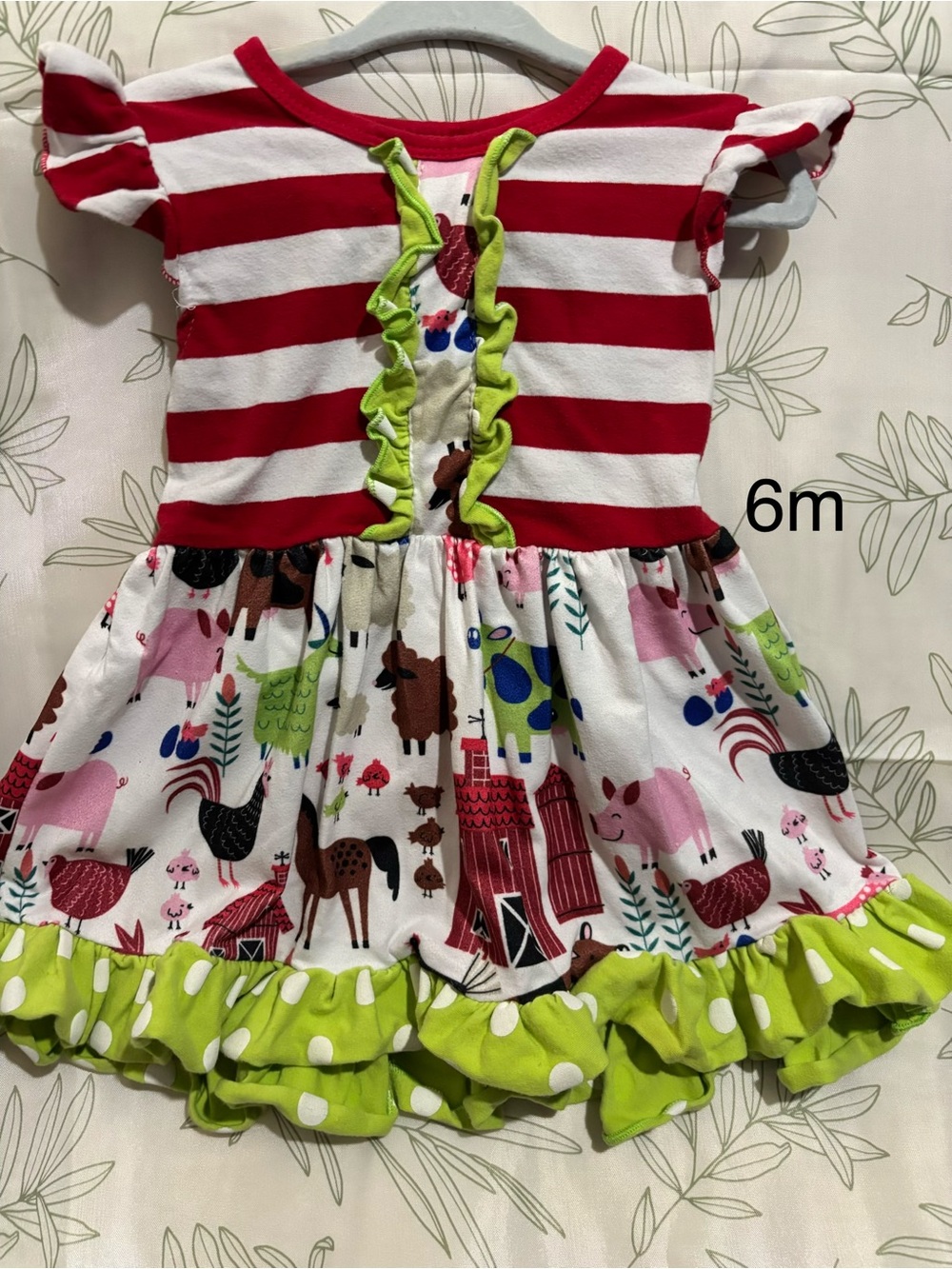 Striped Red and White Farm Animal Print Ruffle Dress for Girls
